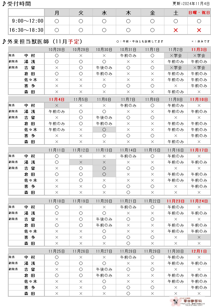 11月の勤務表 